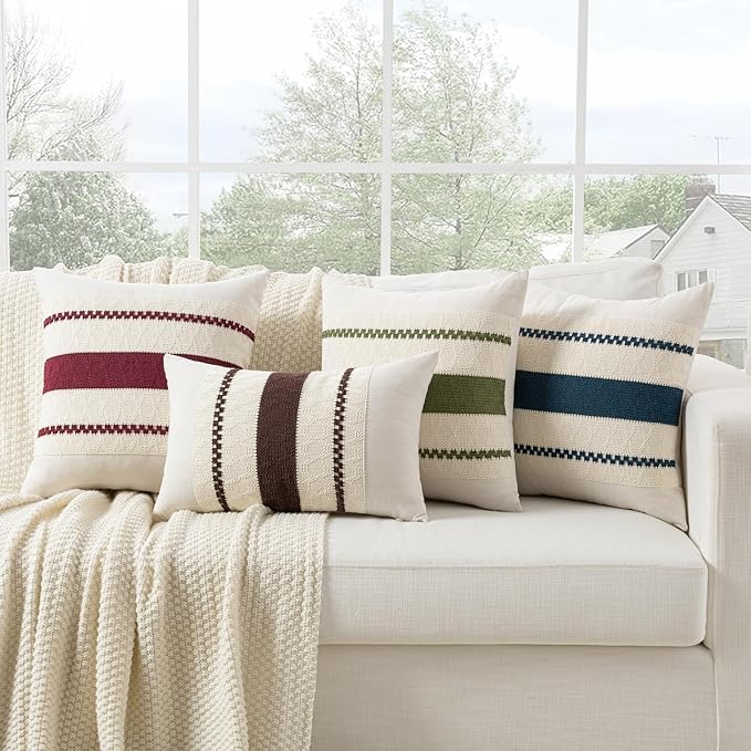 Fancy Homi Set of 1 Burgundy Boho Long Lumbar Decorative Throw Pillow Cover 12x24 Inch for Couch Bed Sofa, Aesthetic Modern Farmhouse Christmas Room Decor, Soft Cotton Cute Wind Red Cushion Case