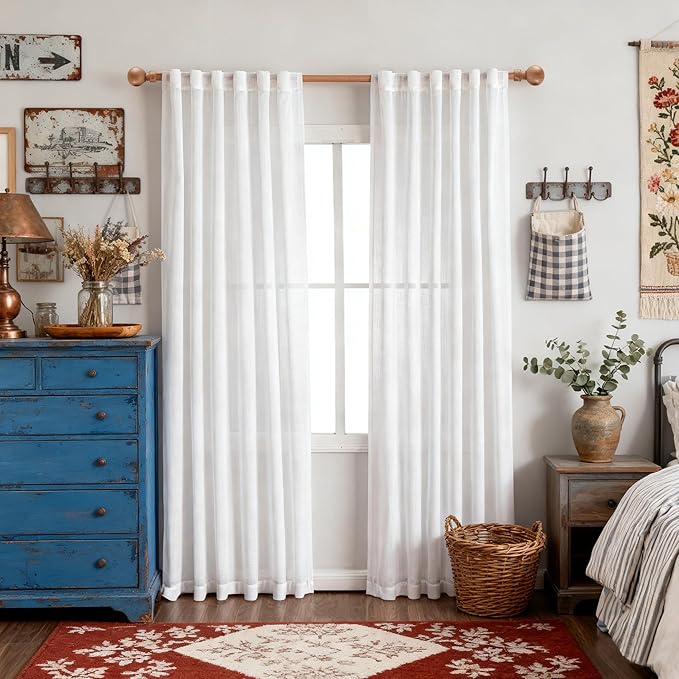 MYSKY HOME Patio White Curtains for Sliding Door 90 inch Length 2 Panels Set, Living Room Curtains & Drapes Soft Cotton Farmhouse Window Treatments Linen Look Semi Sheer Draperies, 50" W x 90" L