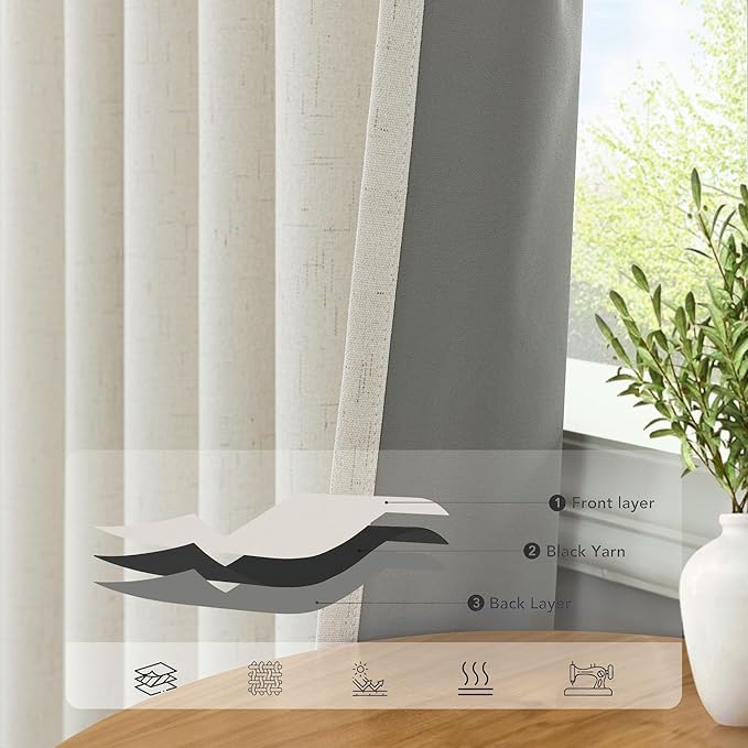 Total Blackout Linen Curtains 80 Inches Long for Bedroom Thick Thermal Rustic Country Lightweight Black Out Curtain for Living Room Window Drape Ivory Cream Colored Back Tab 2 Panels Wide 60x80 Length