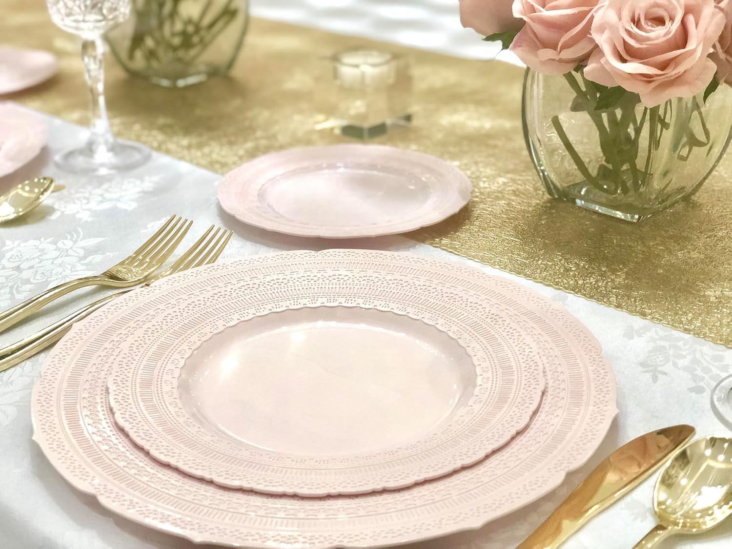 " OCCASIONS " 60 Piece Plates Pack, Extra Heavyweight Vintage Wedding Party Disposable Bowls (14oz Soup Bowl, Chateau in Blush/Dusty Rose Pink)
