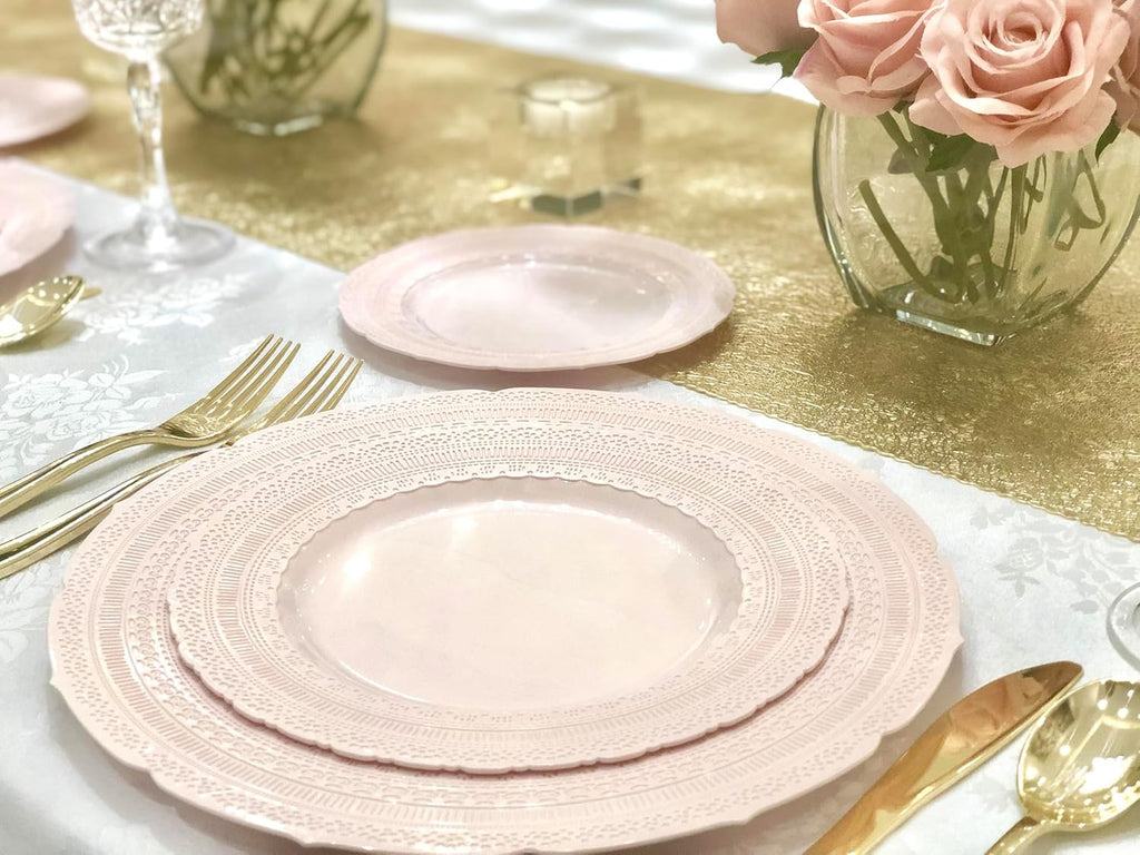 " OCCASIONS " 60 Plates Pack, Extra Heavyweight Vintage Wedding Party Disposable Plastic Plates (8.25'' Appetizer/dessert plate, Chateau in Blush/Dusty Rose Pink)