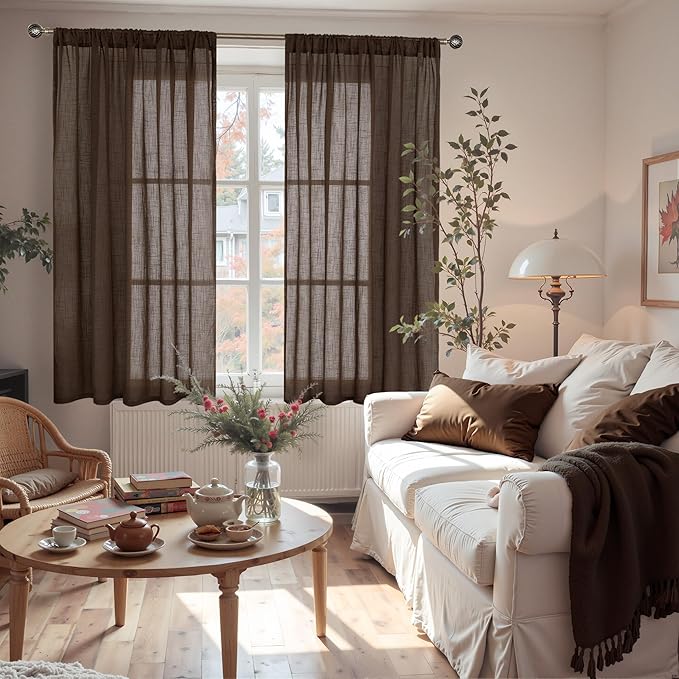 BGment Curtains 48 Inch Length for Short Window, Brown Linen Sheer Drapes for Bedroom Kitchen Cafe Bathroom Decor Lightweight Rustic Country Textured Rod Pocket, 2 Panels Set, Each 42 Inch Wide