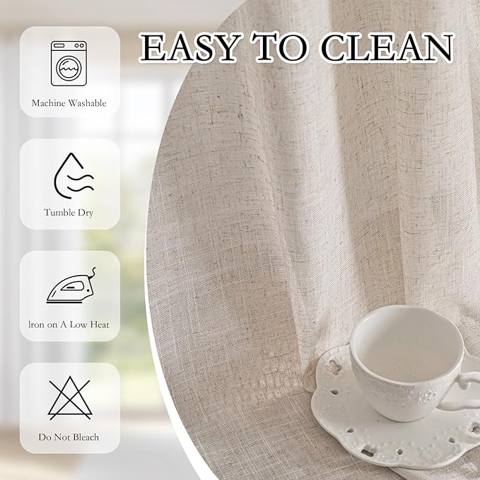 MYSKY HOME Natural Linen Curtains for Bedroom Living Room, Semi Sheer Curtains & Drapes 84 inches Length Farmhouse Country Style Back Tab Draperies for Sliding Glass Door, 100" Wide, 1 Panel