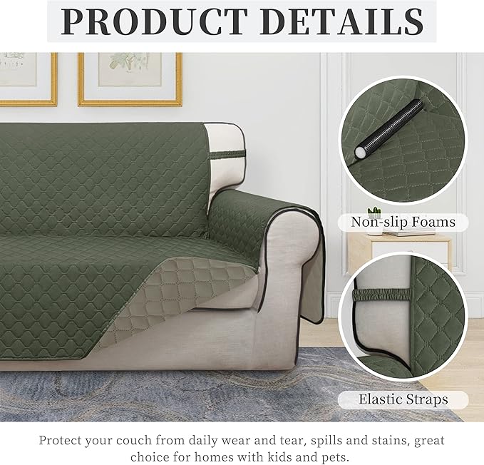 ISSUNTEX Double Protection 100% Waterproof Loveseat Sofa Covers for Living Room, Couch Covers for 2 Cushion Couch, Reversible Furniture Protector Sofa Cover for Dogs (Loveseat, Greyish Green/Beige)