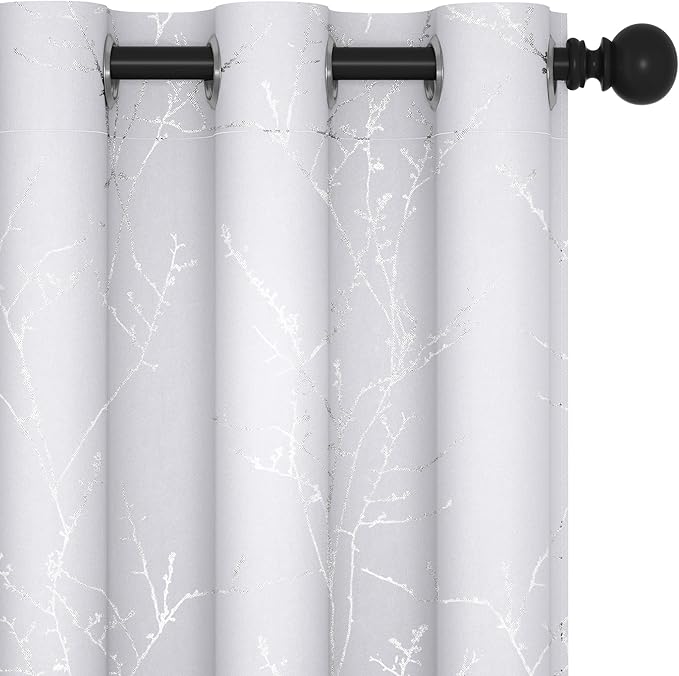 Deconovo Greyish White Curtains, Room Darkening Curtain, Thermal Insulated Soundproof Drapes, Silver Branch Print, 42 x 63 Inch Long, Grommet Window Panels for Living Room Bedroom Nursery, Set of 2
