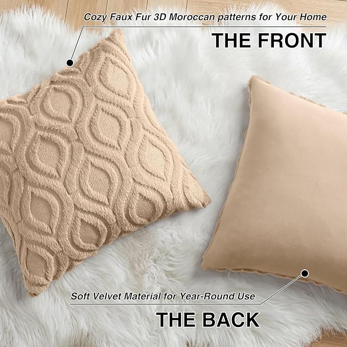 decorUhome Throw Pillow Covers 24x24 Inch Set of 2, Soft Plush Faux Wool Light Khaki Solid Couch Pillow Covers, Accent Euro Sham Farmhouse Neutral Square Pillow Cases for Sofa Bed Living Room