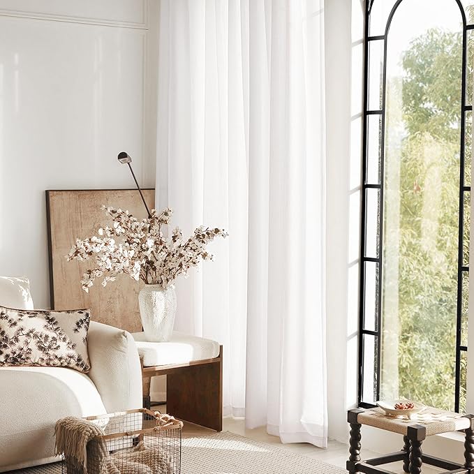 White Linen Curtains 63 inch Length 2 Panel Set for Living Room Back Tab Semi Sheer Light Filtering Bedroom Window Curtain 63 inch Long Cotton Textured Modern Elegant Coastal Drapes 42x63