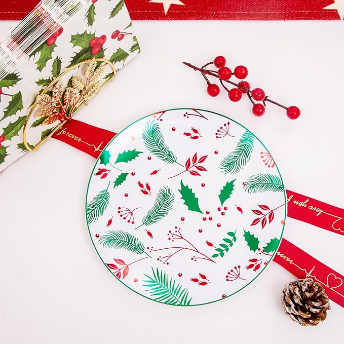 bUCLA 175pcs Christmas Plastic Plates - Christmas Plates Disposable with Red Silverware, Red Cups and Paper Napkins Berries and Holly Leaves for 25 Guests for Xmas Party