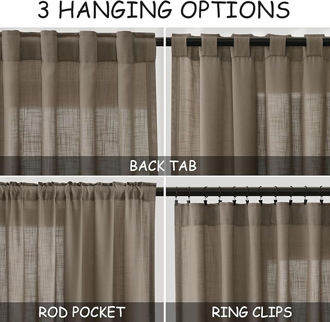 Nanspring Dark Taupe Semi Sheer Curtains 72 Inches Long 2 Panels Set for Bedroom Back Tab Rod Pocket Light Filtering Privacy Drapes Cotton Linen Textured Farmhouse Living Room Curtain 52X72 Inches