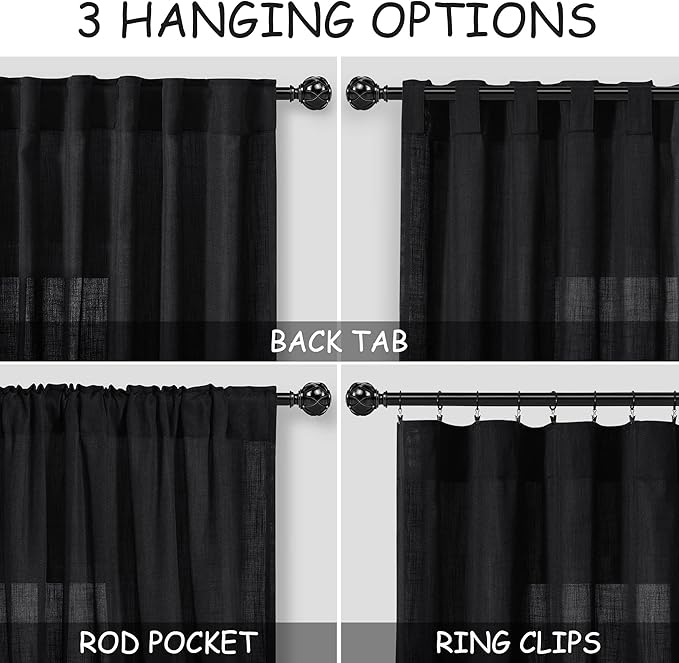 Nanspring Black 102 inch Linen Curtains for Living Room Privacy Semi Sheer Curtains Back Tab and Rod Pocket Simple Modern Linen Blend Curtain for Bedroom/Office Large Window 70x102,2 Panel