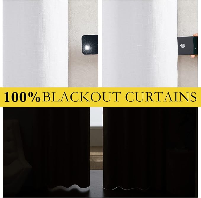 NICETOWN 100% Absolutely Blackout Linen Curtains with Thermal Insulated White Liner, White, 52 inches Wide, 72 inches Length Energy Saving Curtains for Living Room 2 Panels Set, Vertical Blinds