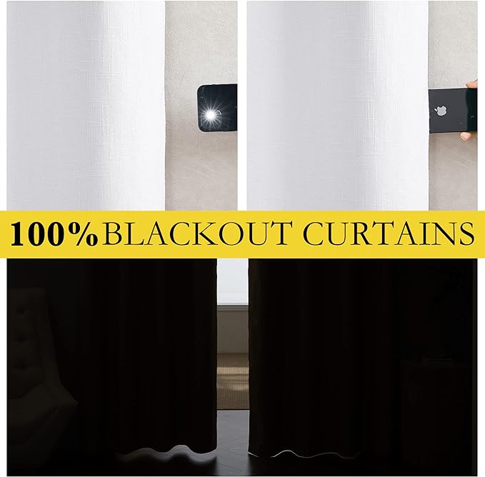 NICETOWN 100% Absolutely Blackout Linen Curtains with Thermal Insulated White Liner, White, 34 inches Wide, 48 inches Length Energy Saving Curtains for Cupboard 2 Panels Set, Vertical Blinds