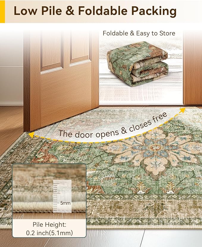Area Rugs 4'x6' Washable Non-Slip, Floral Vintage Distress Print Pattern Medallion Carpet for Living Room Bedroom Dining Room, Brick Red Rust Neutral Brown Burnt Orange Green