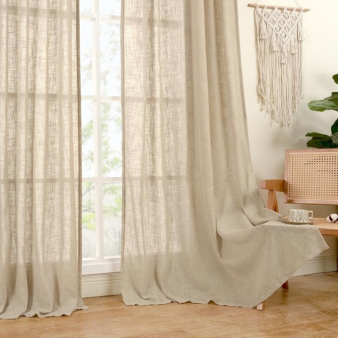 LAMIT Semi Sheer Linen Curtains 80 Inch Length for Living Room, Brown Light Filtering Window Panels Bronze Grommet Boho Burlap Drapes for Bedroom/Farmhouse, Set of 2, 52 x 80 Inch