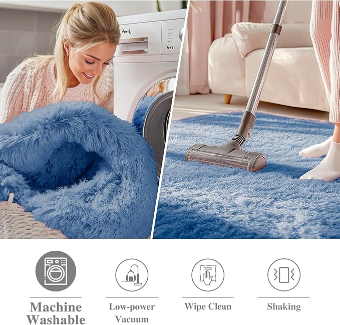 OLANLY Blue Round Rugs for Bedroom - Machine Washable, 8 ft Circle Area Rugs for Living Room, Soft and Fluffy Shaggy Carpet for Teen Girl and Boys, Nursery Rooms, Dorms, Home Decor Aesthetic