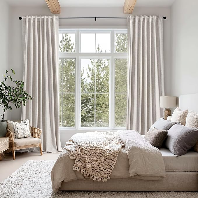 MIULEE 100% Blackout Linen Curtains for Bedroom, Ivory Solid Luxury Decor Thermal Insulation Room Darkening Drapes for Living Room Nursery Back Tab Rod Pocket 42 x 96 Inches, 2 Panels