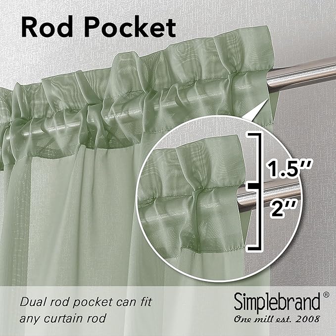Simplebrand Sage Green Valances 14 Inches Long for Living Room Pocket 2 Panel Light Filtering Sheer Translucent Valence Toppers for Window Kitchen Bathroom Bedroom 42x14 Inch Length