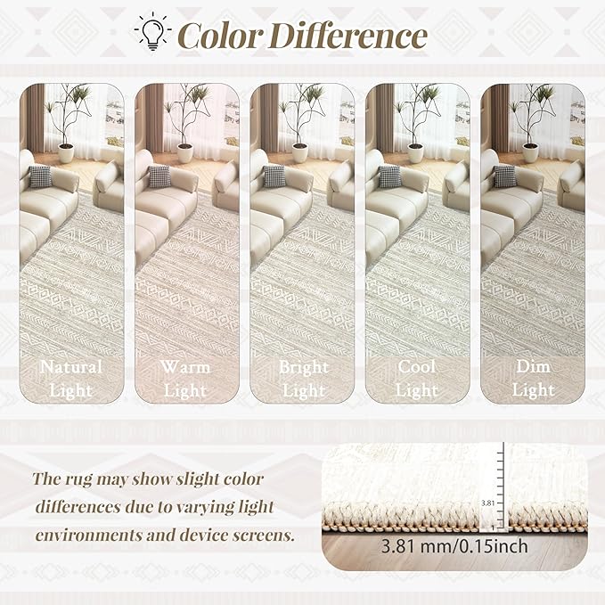Living Room Rugs 10x14: Washable Moroccan Geometric Boho Rug Farmhouse Non Slip Stain Resistant Large Rug Low Pile Soft Carpet for Bedroom Dining Room Kids Room (Ivory Beige,10'x14')