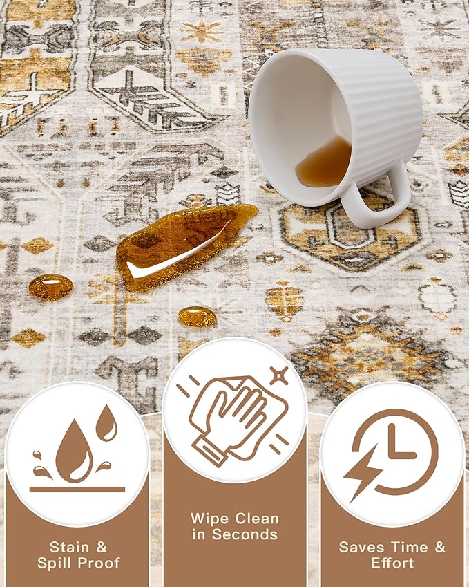 Madane Area Rug 3x5, Washable Entryway Rugs Printed Vintage Rugs for Bedroom Non Slip Indoor Kitchen Runner for Living Room Laundry Room Playroom Soft Non-Slip Floor Carpets, Brown/Gold
