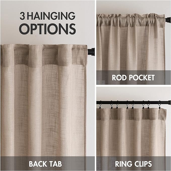 MIULEE Taupe Linen Curtains 90 Inch Length 2 Panels for Bedroom Living Room, Soft Thick Linen Textured Window Drapes Semi Sheer Light Filtering Back Tab Rod Pocket Burlap Look Decor, W37xL90