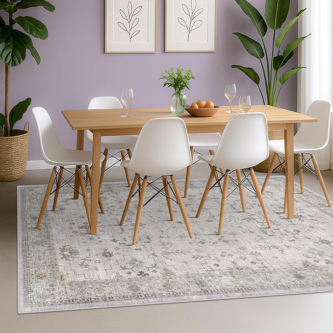 Hazo Haus Boho Light Grey Living Room Rug 7x10 - Modern Vintage Eclectic Floral Pastel Neutral Taupe, Washable Low Pile Non-Slip Large Area Rugs for Dining Under Table Bedroom Lounge