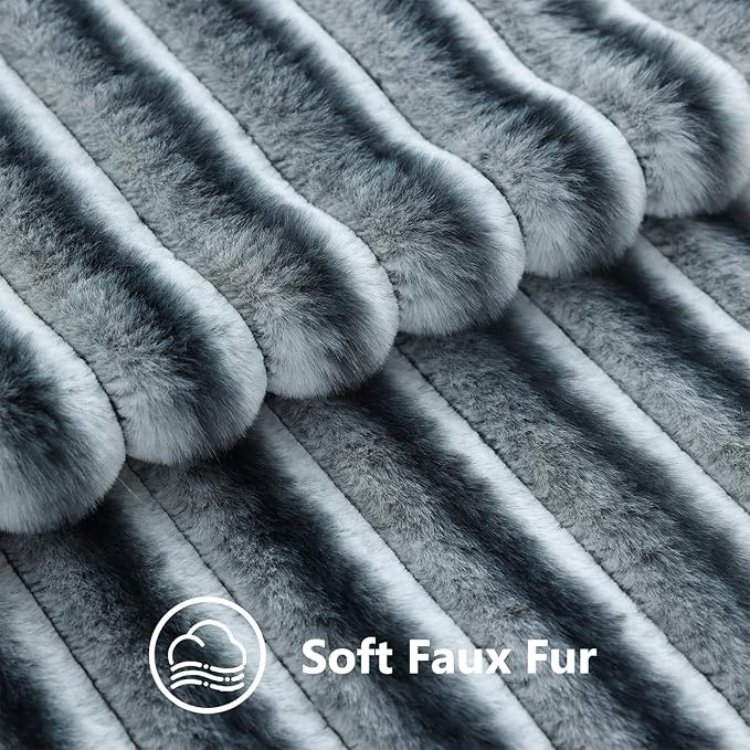 decorUhome Cozy Faux Fur Throw Pillow Covers 26x26 Set of 2 Decorative Soft Plush Striped Modern Farmhouse Boho Couch Euro Sham Pillow Cases with Velvet Back for Sofa Bed Living Room, Blue Grey