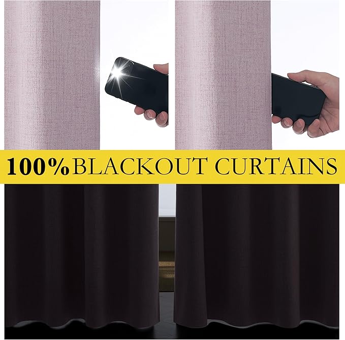 NICETOWN Pink Vintage Linen 100% Blackout Curtains for Living Room, Thermal Insulated Curtains 120“ Long, Noise Reducing Window Treatment Drapes for Home Office, 62" Wide Per Panel, Set of 2