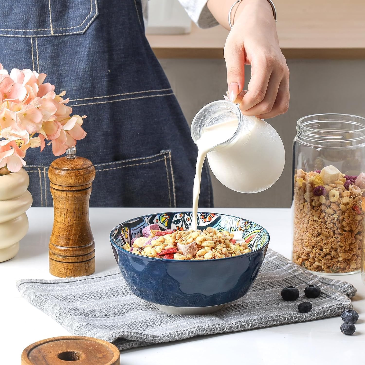 KitchenTour Cereal Bowls Set of 6, 26 oz Ceramic Soup Bowls for Kitchen, 6.3 Inch Colorful Serving Bowls for Oatmeal, Salad, Pasta, Dessert - Microwave & Dishwasher Safe