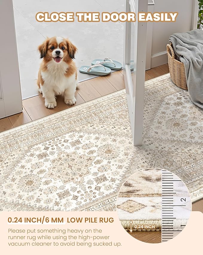 2x5 Rug Runner Washable for Entryway, Soft Bathroom Rugs with Non-Slip Backing,Vintage Low Pile Stair Runner, Small Kitchen Carpet for Hallways, Laundry Room(Cream/Beige,2'x5')