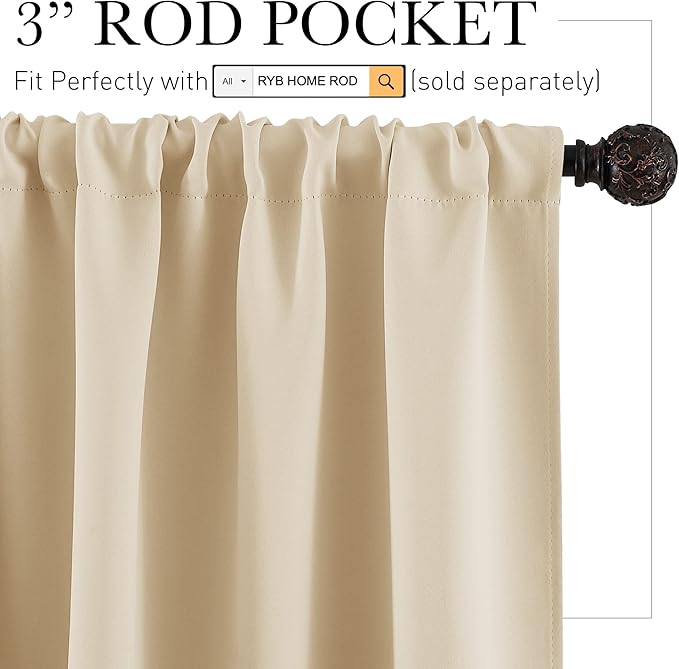 RYB HOME Basement Bathroom Kitchen Cafe Privacy Curtains, Short Insulating Light UV Heat Blocking Privacy Curtain Tiers for Laundry Room, Width 34 by Length 30, Biscotti Beige, 2 Panels