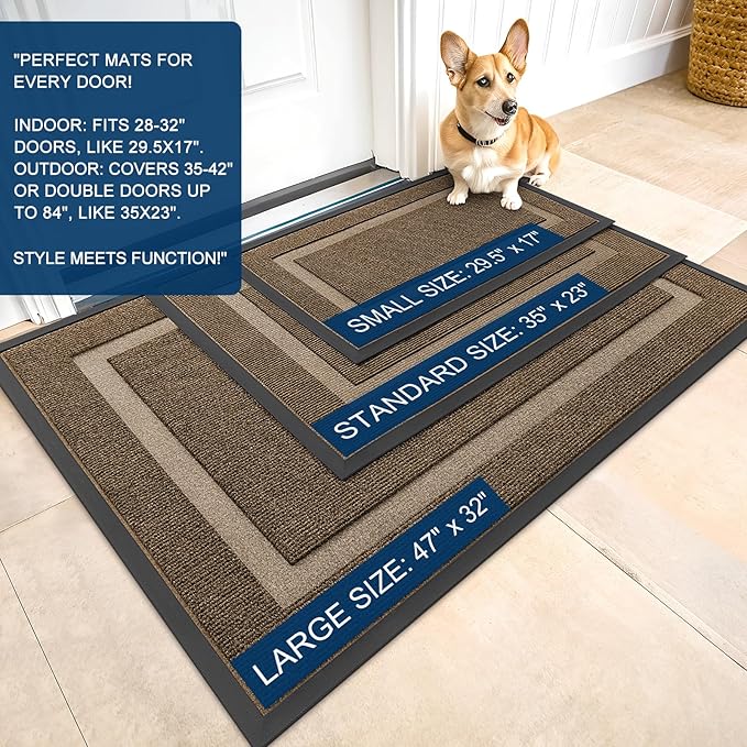 OLANLY Front Door Mat Indoor Outdoor Entrance, Waterproof All-Season, All-Weather Doormat, Sturdy Natural Rubber, Fade Resistant, Low Profile, Easy Clean Patio Porch Entryway Mat, 71x47, Brown