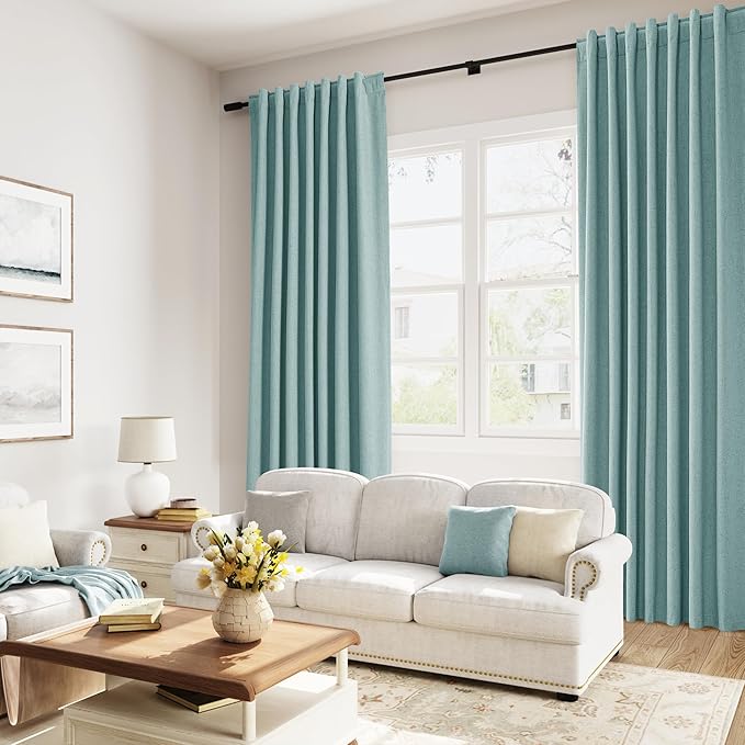 Guken Light Blue 100% Blackout Linen Curtains 100 Inch Length 2 Panels Set for Living Room Back Tab Thermal Insulated Black Out Drapes Room Darkening Farmhouse Style for Bedroom Window Curtains