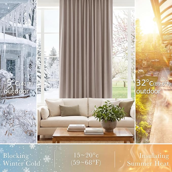 PONY DANCE Blackout Curtains Thermal Insulated Window Treatment Panels Room Darkening Blackout Drapes for Living Room Back Tab/Rod Pocket Bedroom Draperies (2 Panels, Light Taupe, 52x45 Inch)