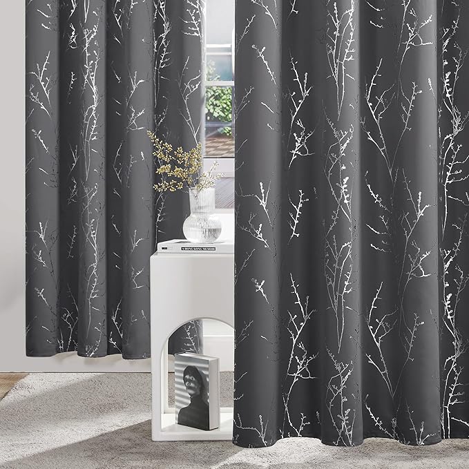 Deconovo Blackout Curtains Grey, Thermal Insulated Soundproof Drapes, Silver Branch Foil Print, 42 x 72 Inch, 2 Panels, Machine‑Washable Privacy Window Panel for Living Room Bedroom Nursery Office