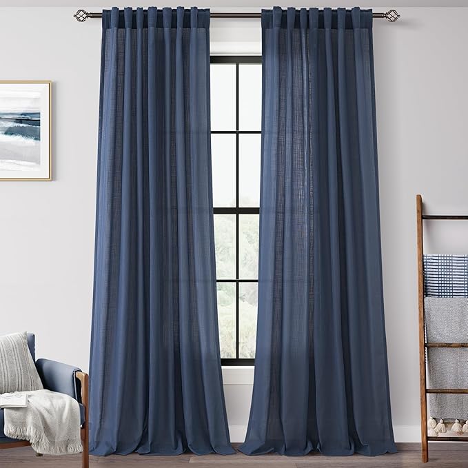 Navy Blue Curtains 105 inch Length for Bedroom Back Tab Light Filtering Semi Sheer Blue Living Room Curtains Linen Cotton Textured Indigo Blue Drapery Panel Modern Farmhouse Aesthetic Decor Dark Blue