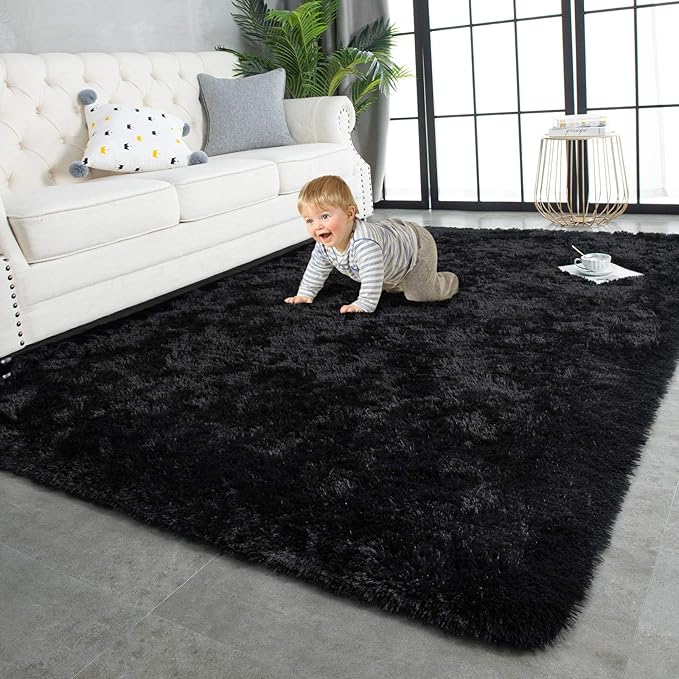 TWINNIS Super Soft Shaggy Rugs Fluffy Carpets, 10x14 Feet, Indoor Modern Plush Area Rugs for Living Room Bedroom Kids Room Nursery Home Decor, Upgrade Anti-Skid Rectangular Fuzzy Rug, Black