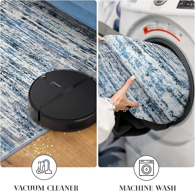 Lansny Modern Abstract Runner Rug 2x10, Grey Blue White Washable Long Kitchen Runner Non-Slip Soft Hallway Rug Runner Thin Print Faux Wool Carpet for Entryway Bedroom Laundry Room Indoor Home Decor