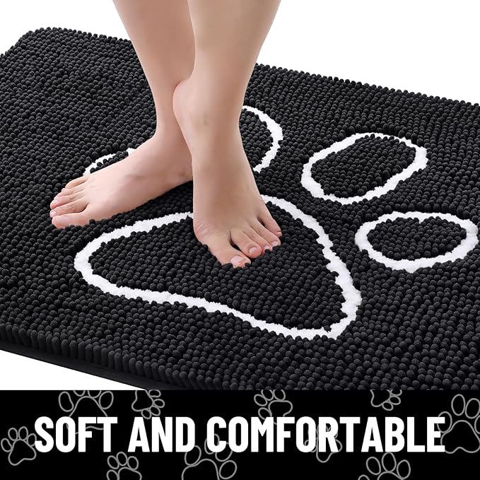 Smiry Dog Door Mat for Muddy Paws, Absorbent Dirt Trapper Non Slip Quick Dry Washable Chenille Mat for Mud Dogs, Entry Rug for Indoor and Outdoor (47x20 Inches, Black and White)
