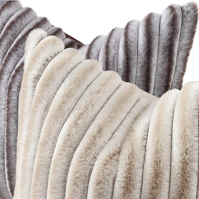 decorUhome Cozy Faux Fur Throw Pillow Covers 16x16 Set of 2 Decorative Soft Plush Striped Modern Farmhouse Boho Couch Pillow Cases with Velvet Back for Sofa Bed Living Room, Brown White