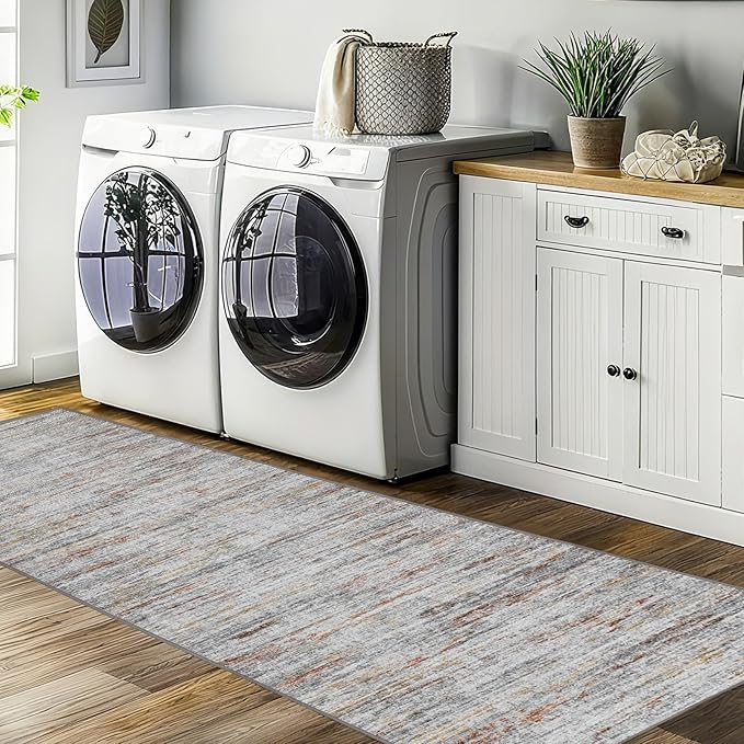 2x10 Runner Rug Non-Slip，Modern Abstract 10ft Washable Runner Rugs for Hallways, Ultra-Thin Long Kitchen Rug Runners,Stain Resistant Floor Carpet for Bedroom,Laundry Room,Entryway（Grey/Multi,2'x10'）