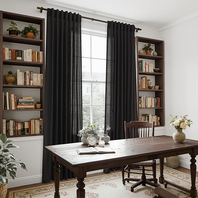 Vintage Black Linen Curtains 63 Inch Length for Living Room Light Filtering Semi Sheer Curtain Back Tab and Rod Pocket Privacy Luxury Gothic Vintage Decor Drapes for Bedroom Office 52x63, 2 Panels