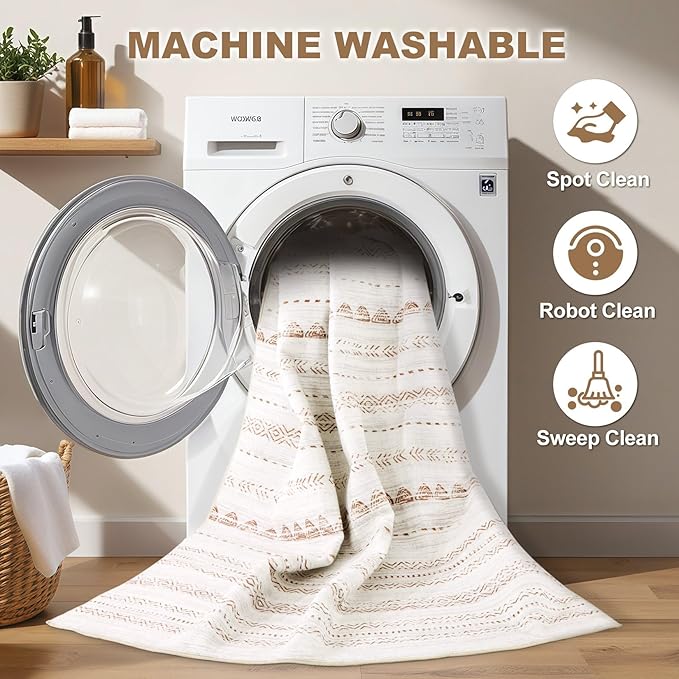 Nakagishi Runner Rug Kitchen Washable Rugs: 2x6 Non-Slip Boho Soft Modern Stain Resistant Indoor Floor Neutral Farmhouse Throw Carpet for Hallway Bathroom Laundry Room Entryway Bedroom- Beige