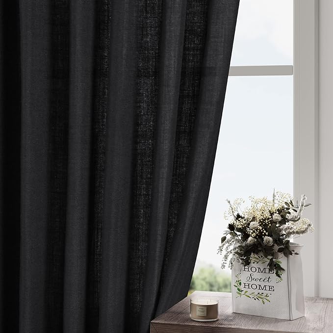 Black Kitchen Curtains 36 Inch Length Set 2 Panel Back Tab Pocket Semi Sheer Light Filtering Short Drapes Linen Modern Farmhouse Curtain Tiers for Cafe Bathroom Basement Small Window 52x36