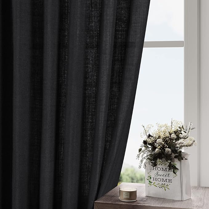 Black Linen Curtains 120 inch Extra Long for Living Room Back Tab Light Filtering Semi Sheer Drapes Modern Farmhouse Muslin Look Decor Cotton Textured Curtain for Floor to Ceiling Window 10 FT
