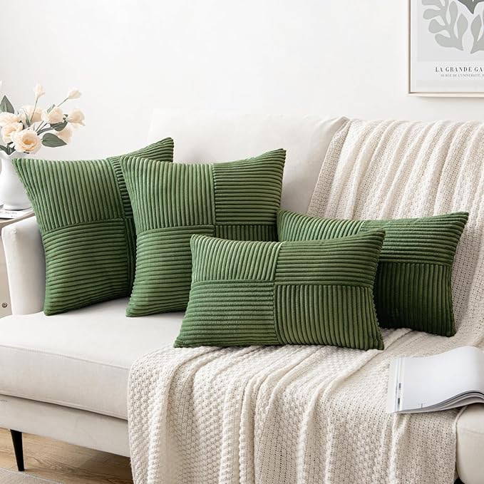 MIULEE Moss Green Decorative Euro Sham Pillow Covers 24x24 Inch for Bed Couch Sofa Spring Decor Pack of 2 Boho Farmhouse Throw Pillows Soft Cross Corduroy Patchwork Textured Cushion Cases