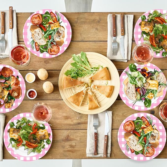 32 Pcs Pink Gingham Party Plates - 9 Inch Checkered Plaid Dessert Plates Disposable Pink and White Paper Plate - For Picnic BBQ Birthday Dinner Party Supplies