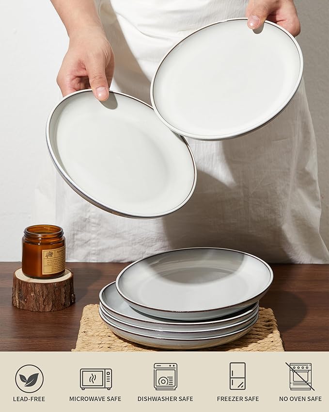 Salad Plates Set of 6, Microwave Safe Plates for Dessert, Appetizer, Scratch Resistant and Dishwasher Safe, Moonstone White