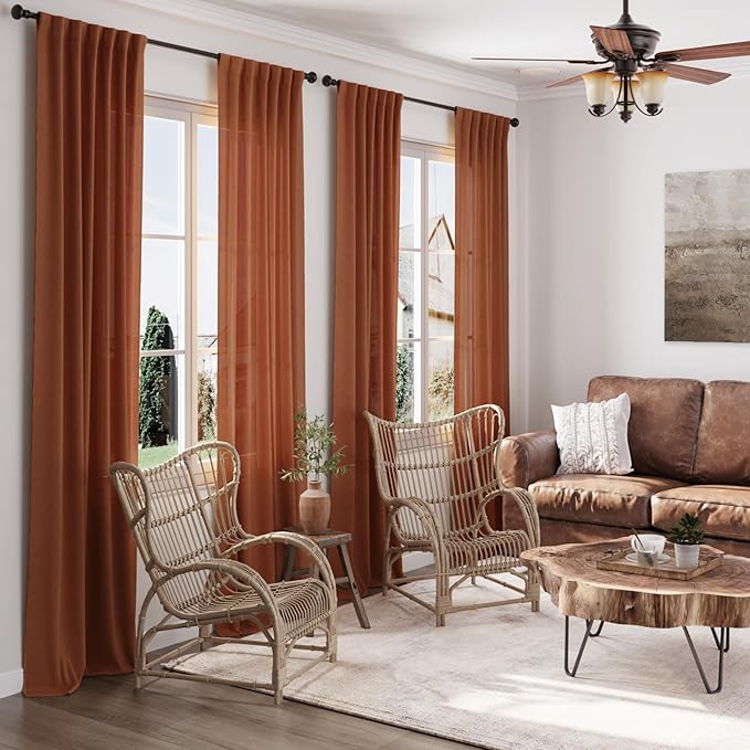 Terracotta Boho Curtains for Bedroom Back Tab Rod Pocket Semi Sheer Linen Curtains 90 Inches Long 2 Panel Set Light Filtering Neutral Brick Burnt Orange Farmhouse Curtain for Living Room 40x90