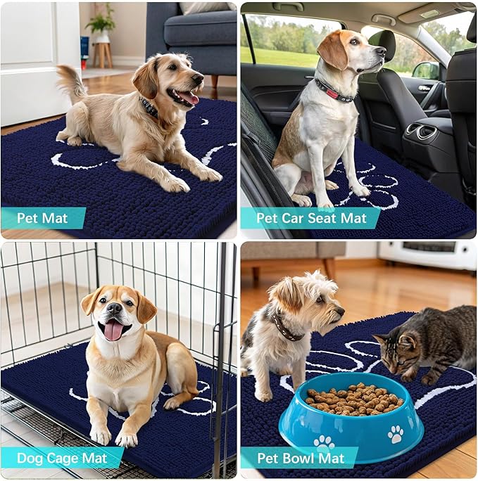 OLANLY Dog Door Mat for Muddy Paws 36x24, Paw Print Design, Absorbs Moisture and Dirt, Absorbent Non-Slip Washable Doormat, Quick Dry Chenille Mud Mat for Dogs, Entry Indoor Entryway Carpet, Navy Blue