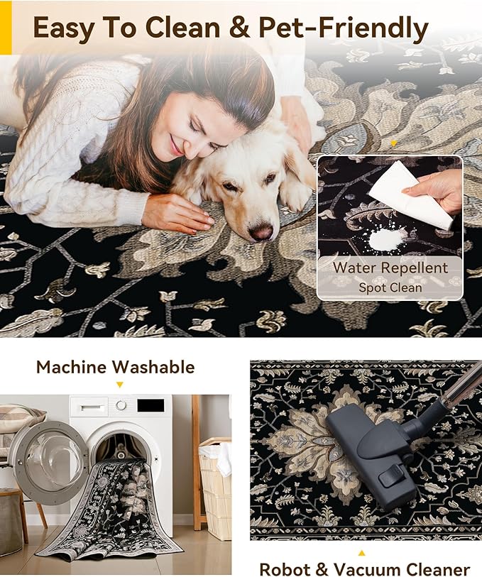 Area Rugs 2'x9' Runner Rug Non Slip Washable for Kitchen Hallway Bedroom Beside Laundry Room Bathroom Rug, Floor Carpet, Black Brown Neutral Dark Tan